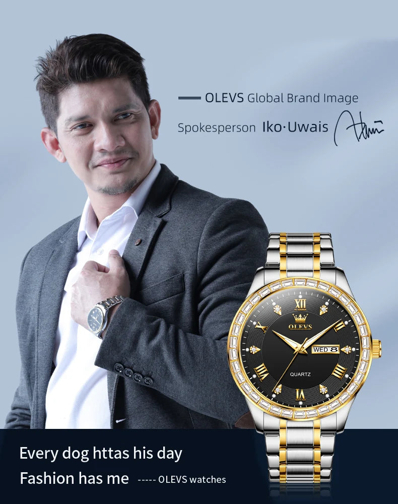 OLEVS  Mens  Simple     Quartz  for Man Diamond Roman Dial  Dual Calendar