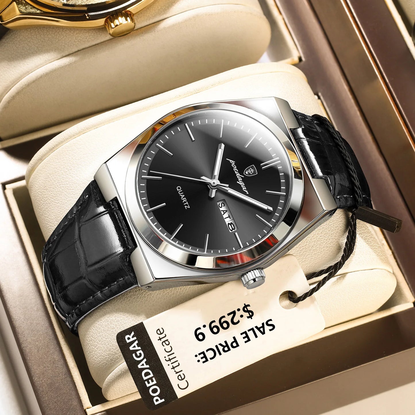 POEDAGAR   for Men Military Leather Man Wristwatch Quartz     Week  Watches Reloj+box
