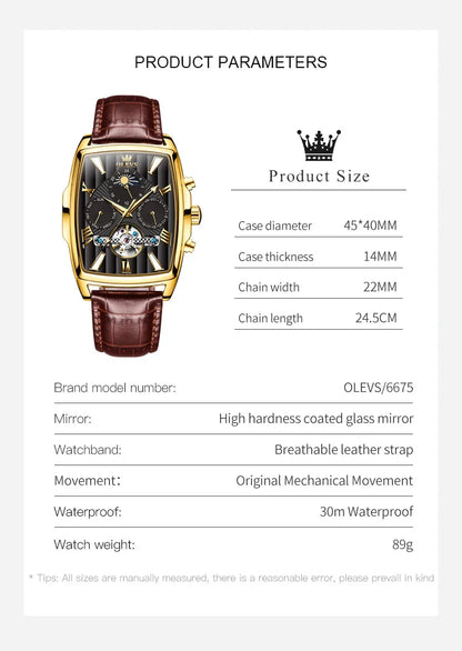 OLEVS Mens Watches Automatic Mechanical  Tourbillon Sport  Leather Casual  Retro Wristwatch Relojes Hombre