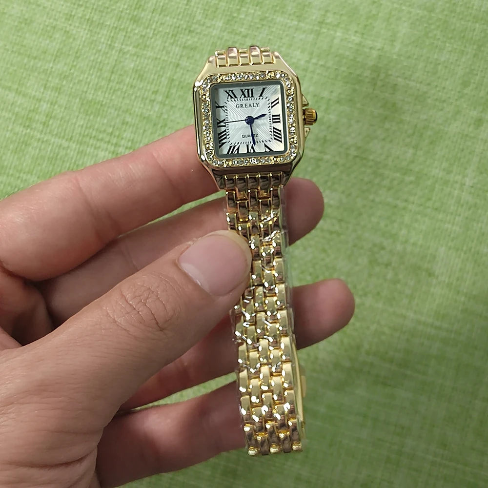 MAYZHISU   Square Watches Gold Alloy Strap  Ladies Quartz Wristwatches Qualities  Roman Scale