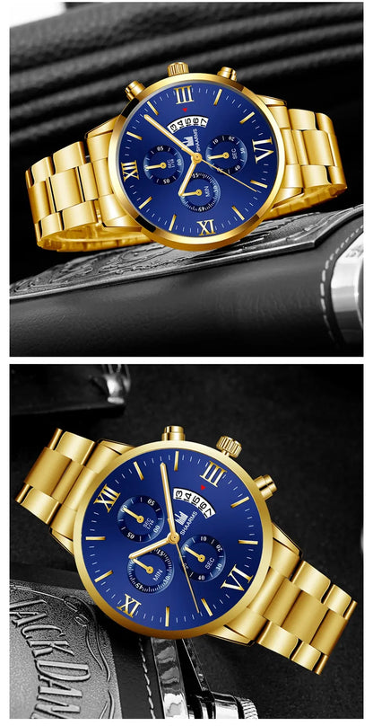 Mens   Quartz   Fake Three Eye Six Pin Calendar Men    Belt Men Watches