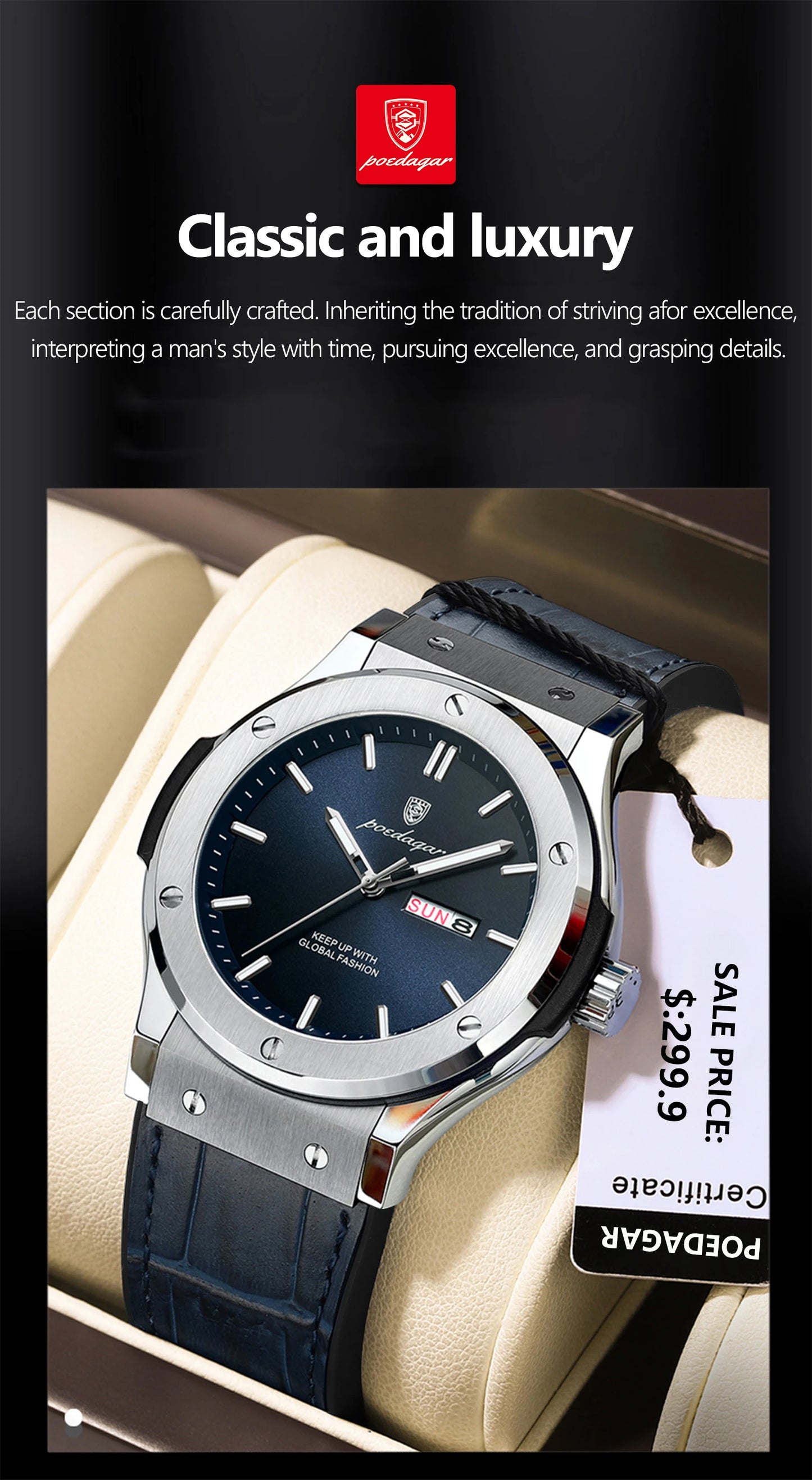 POEDAGAR Fashion Men's Watches Trend Classic Original Quartz Watch for Man Waterproof Luminous Week Date Wristwatch Leather New