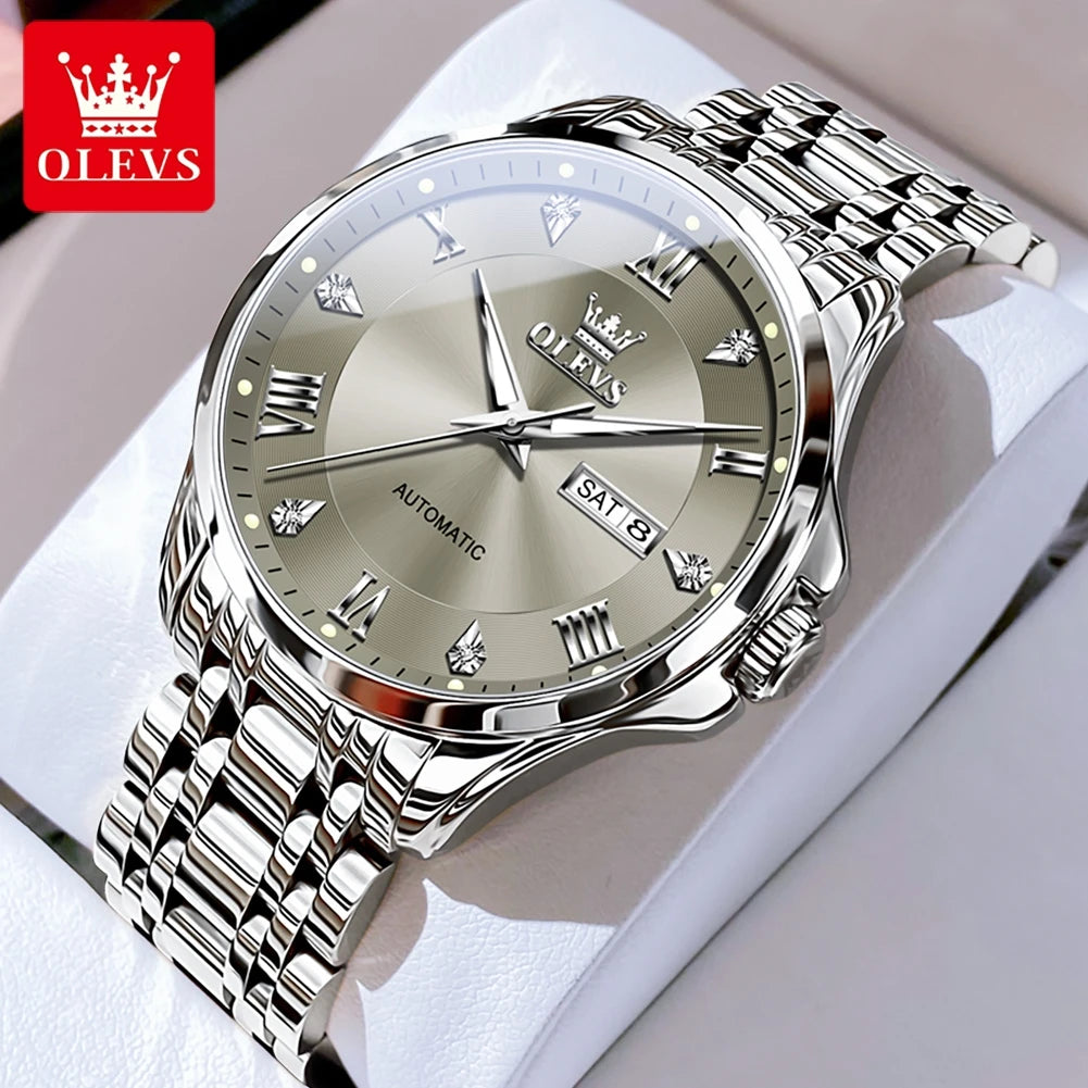 OLEVS Mens Watches  Automatic Mechanical  For Man    Stee  Bands Roman Numeral 6702