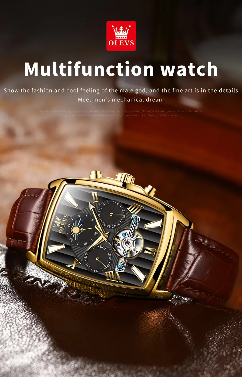 OLEVS Mens Watches Automatic Mechanical  Tourbillon Sport  Leather Casual  Retro Wristwatch Relojes Hombre
