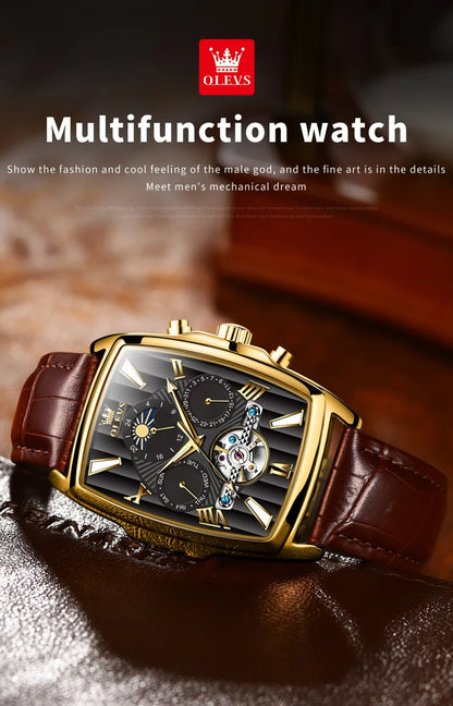 OLEVS Mens Watches Automatic Mechanical  Tourbillon Sport  Leather Casual  Retro Wristwatch Relojes Hombre