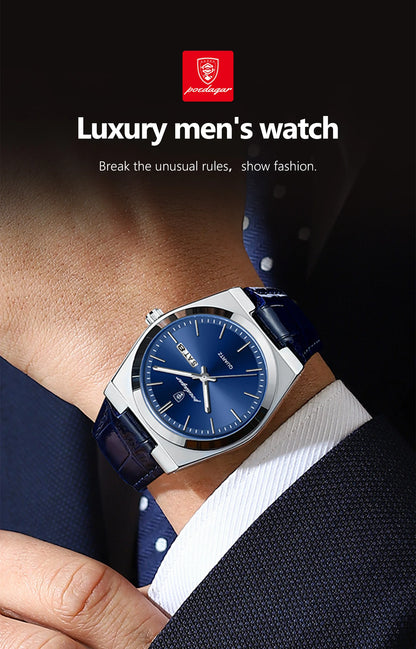 POEDAGAR   for Men Military Leather Man Wristwatch Quartz     Week  Watches Reloj+box