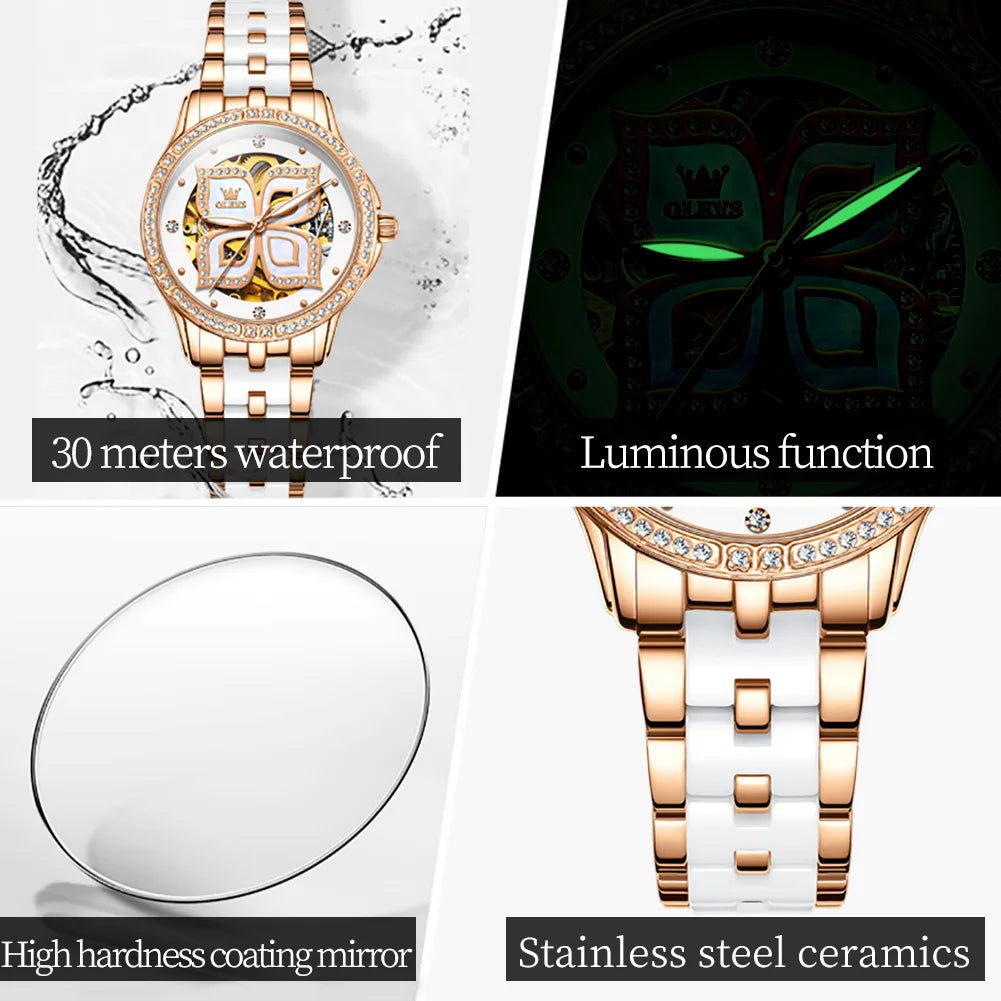 OLEVS 6612 Hollow Original  Mechanical  For Women   Ceramic  Strap Hand  Automatic