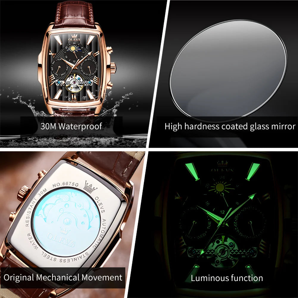 OLEVS Mens Watches Automatic Mechanical  Tourbillon Sport  Leather Casual  Retro Wristwatch Relojes Hombre