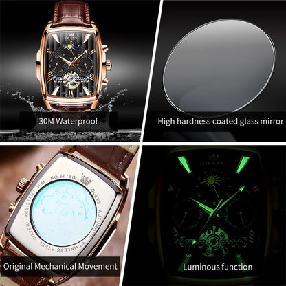 OLEVS Mens Watches Automatic Mechanical  Tourbillon Sport  Leather Casual  Retro Wristwatch Relojes Hombre