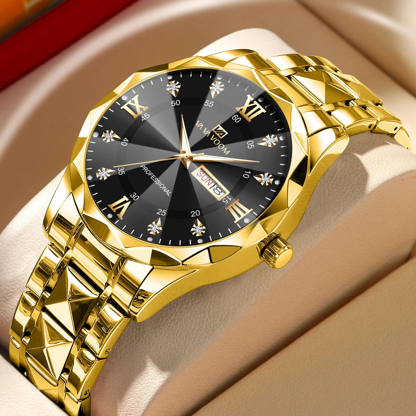 Men  Water Diamond  Night Glow Double Calendar Quartz Movement 41mm Blue Gold