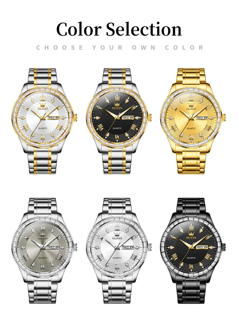 OLEVS  Mens  Simple     Quartz  for Man Diamond Roman Dial  Dual Calendar