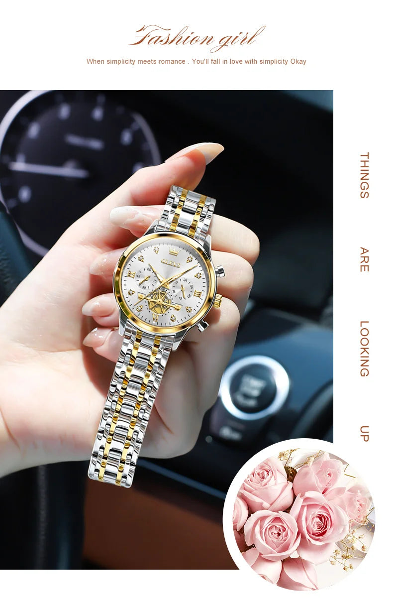 OLEVS Flywheel Skeleton Women Quartz   steel    Ladies Bracelet  for Women Set