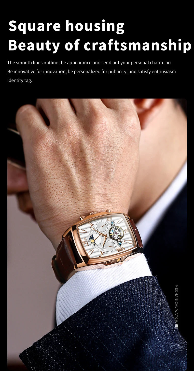 OLEVS Mens Watches Automatic Mechanical  Tourbillon Sport  Leather Casual  Retro Wristwatch Relojes Hombre