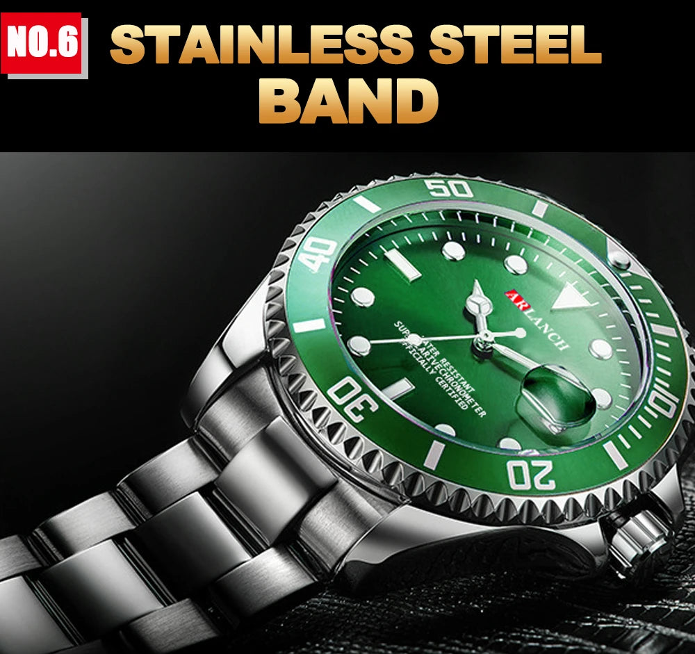 Classic Mens Watch Quartz Green Ghost Diver Series Stainless Steel Waterproof Calendar Clock Business Luxury Watch Reloj Hombre