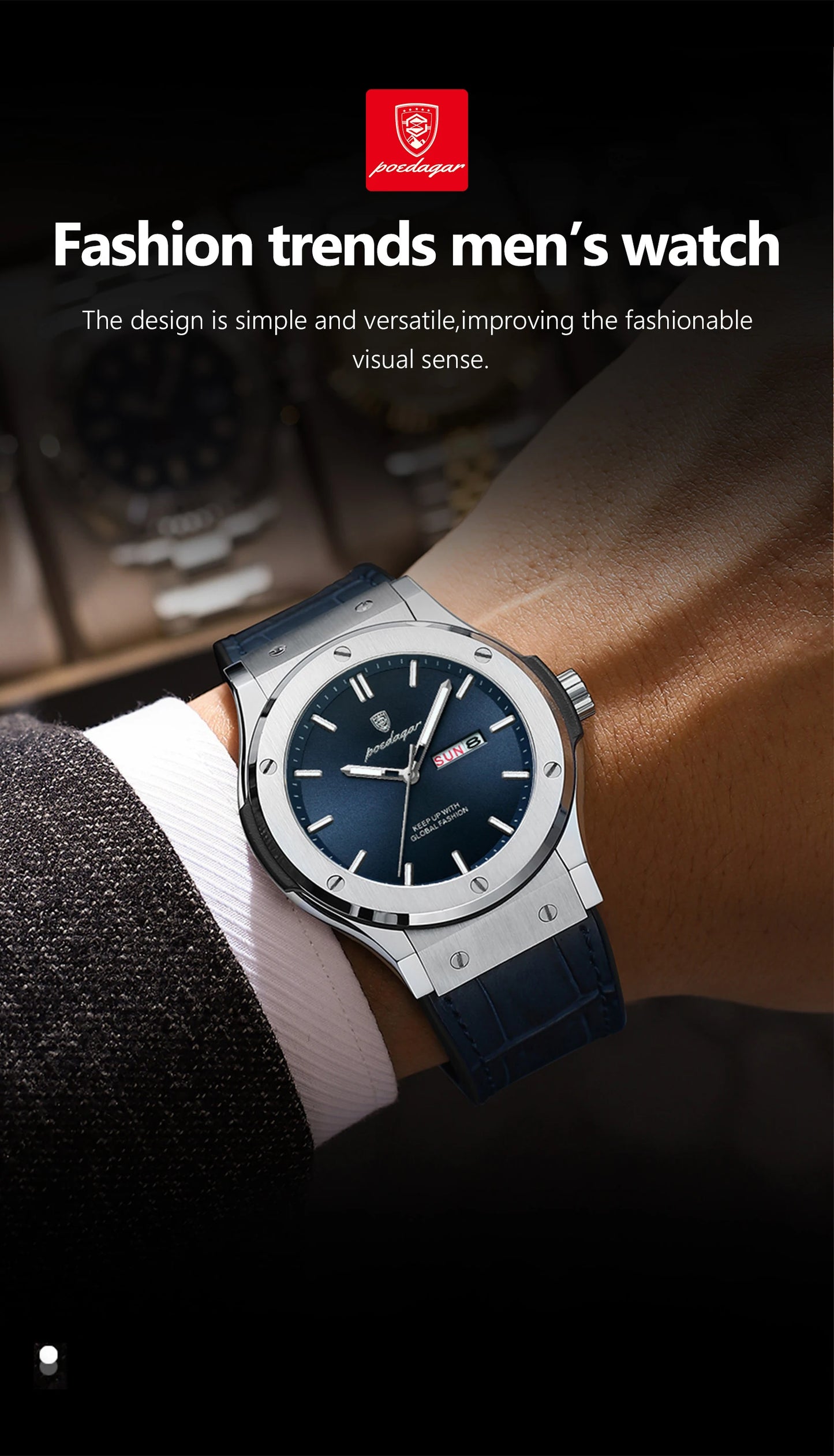 POEDAGAR Fashion Men's Watches Trend Classic Original Quartz Watch for Man Waterproof Luminous Week Date Wristwatch Leather New