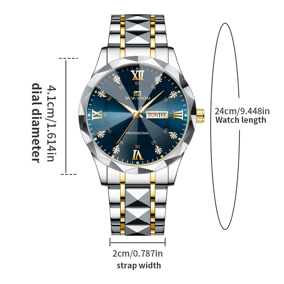 Men  Water Diamond  Night Glow Double Calendar Quartz Movement 41mm Blue Gold