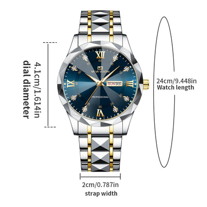 Men  Water Diamond  Night Glow Double Calendar Quartz Movement 41mm Blue Gold