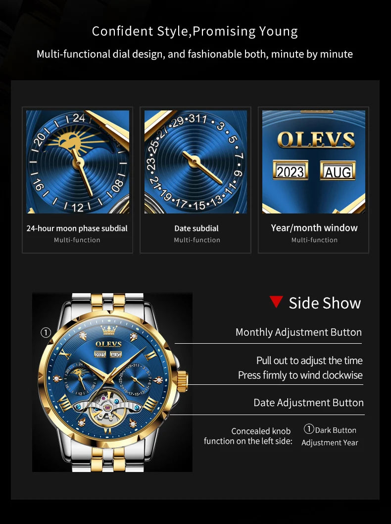 OLEVS Skeleton Multifunctional   Automatic Mechanical  Wrist  For Men    Strap 6691