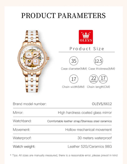 OLEVS 6612 Hollow Original  Mechanical  For Women   Ceramic  Strap Hand  Automatic