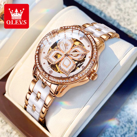OLEVS 6612 Hollow Original  Mechanical  For Women   Ceramic  Strap Hand  Automatic