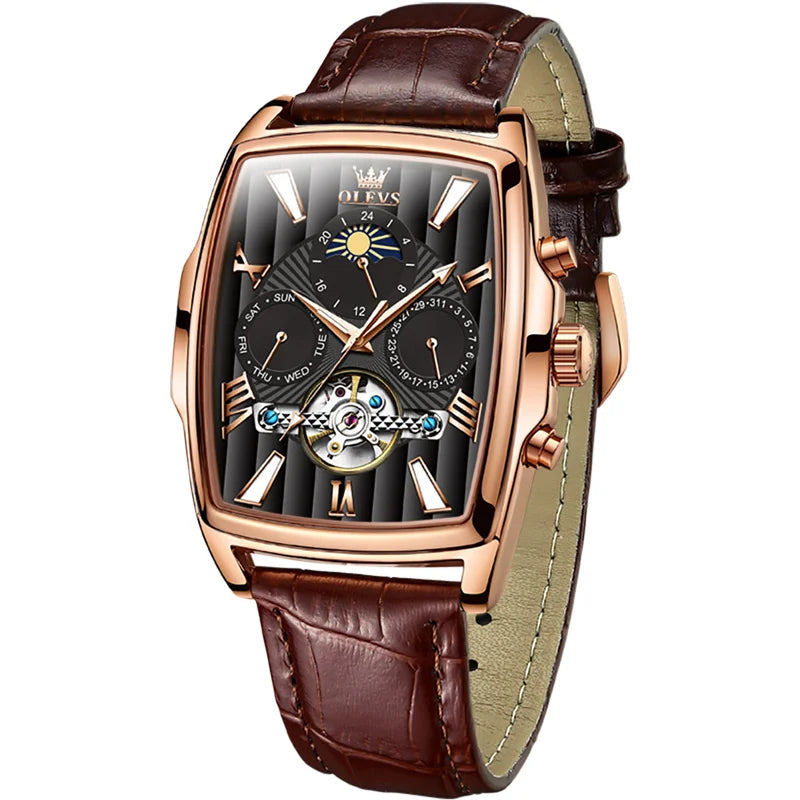 OLEVS Mens Watches Automatic Mechanical  Tourbillon Sport  Leather Casual  Retro Wristwatch Relojes Hombre
