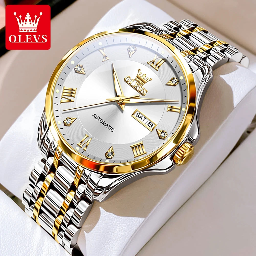 OLEVS Mens Watches  Automatic Mechanical  For Man    Stee  Bands Roman Numeral 6702