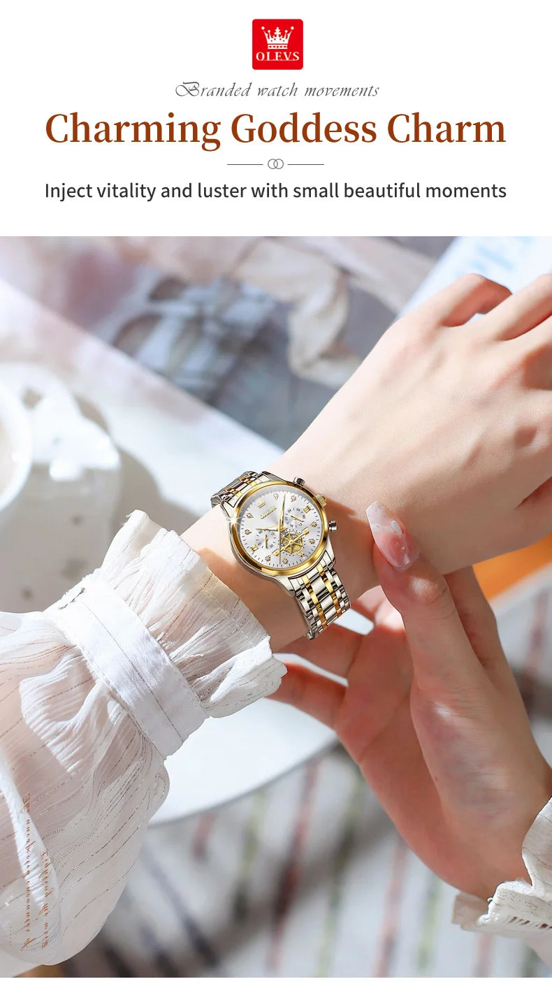 OLEVS Flywheel Skeleton Women Quartz   steel    Ladies Bracelet  for Women Set