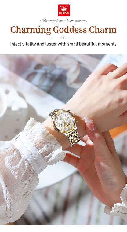 OLEVS Flywheel Skeleton Women Quartz   steel    Ladies Bracelet  for Women Set