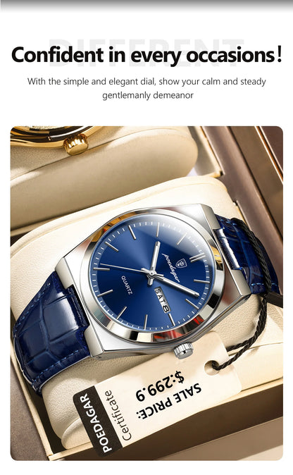POEDAGAR   for Men Military Leather Man Wristwatch Quartz     Week  Watches Reloj+box