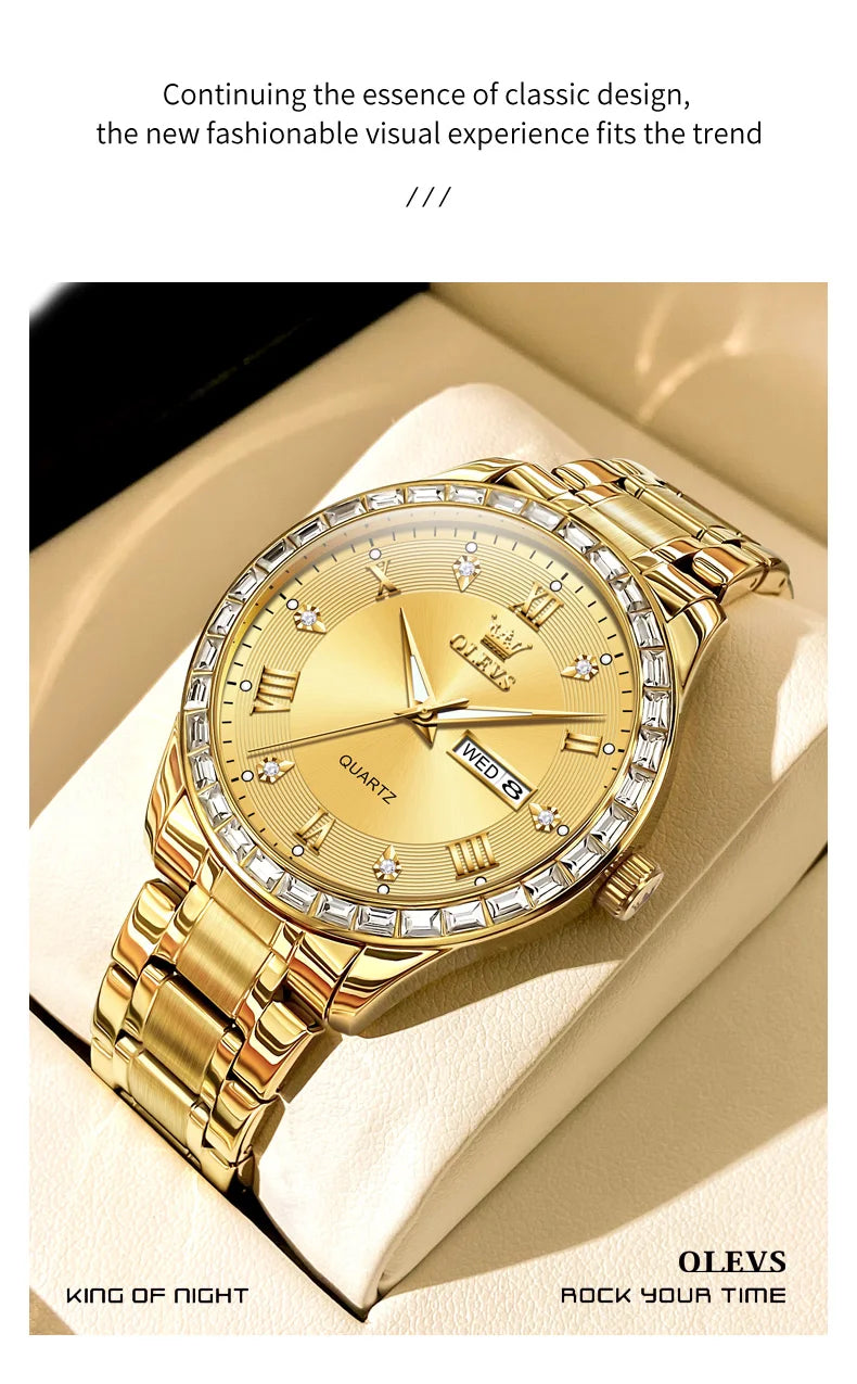 OLEVS  Mens  Simple     Quartz  for Man Diamond Roman Dial  Dual Calendar