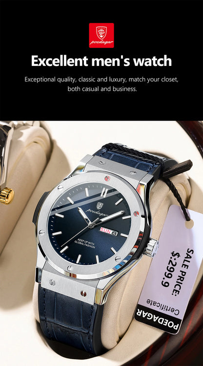 POEDAGAR Fashion Men's Watches Trend Classic Original Quartz Watch for Man Waterproof Luminous Week Date Wristwatch Leather New