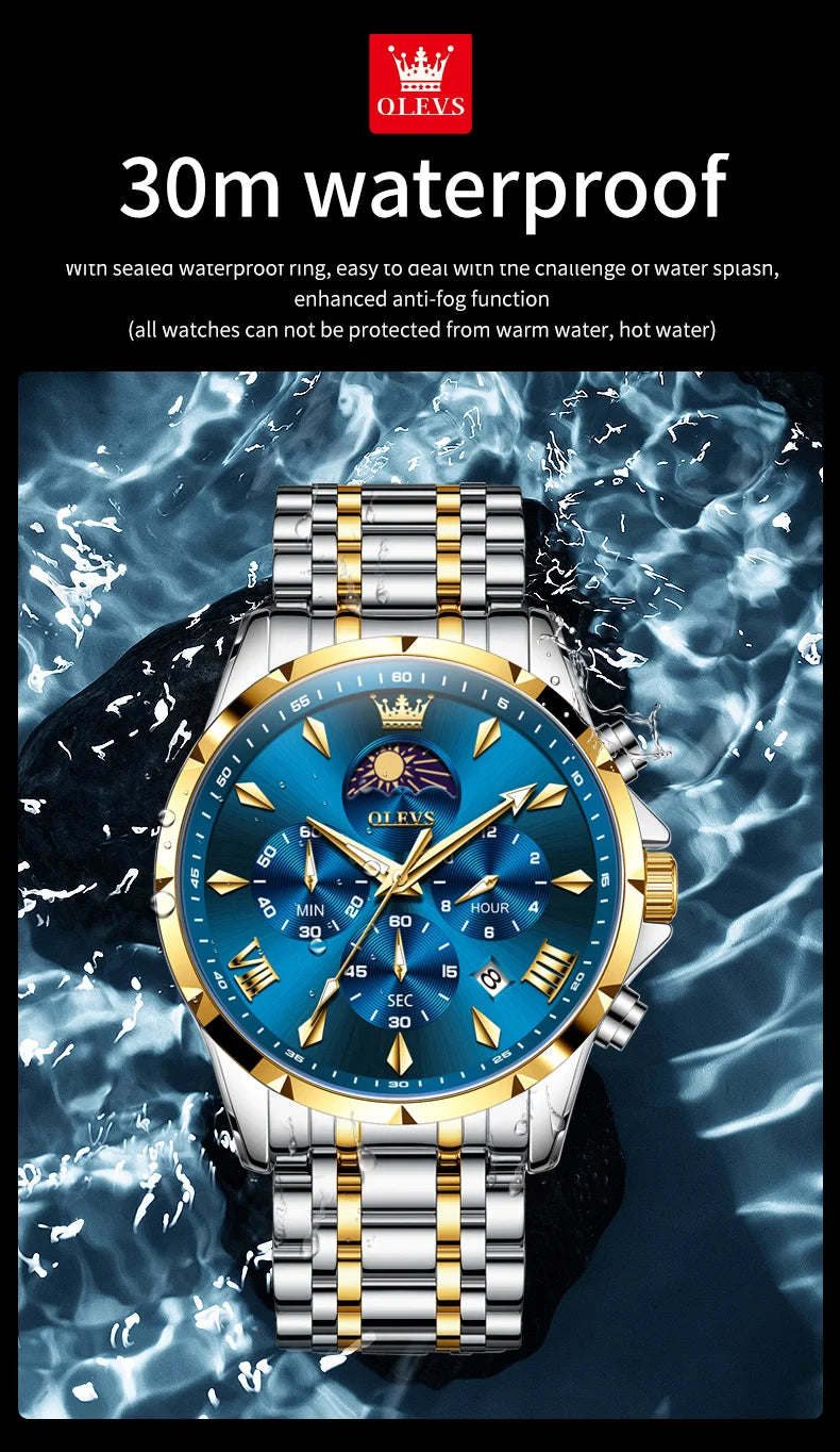 OLEVS 3653 Men   Brand Quartz  Multi functional Automatic  Timer    Moonphase