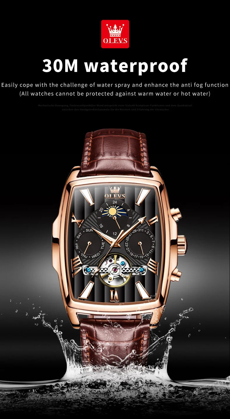 OLEVS Mens Watches Automatic Mechanical  Tourbillon Sport  Leather Casual  Retro Wristwatch Relojes Hombre