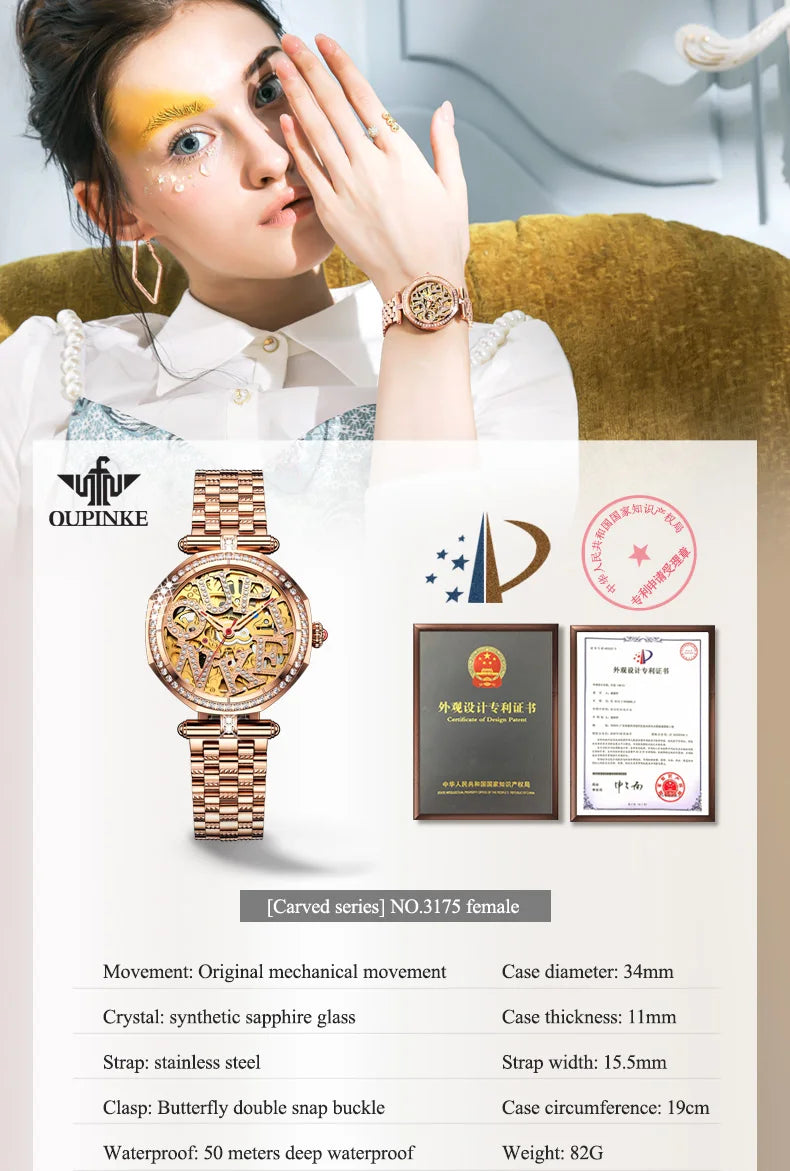OUPINKE 3175 Women  Original Automatic Mechanical   Brand   Elegant Gift Box Girls' Diamond