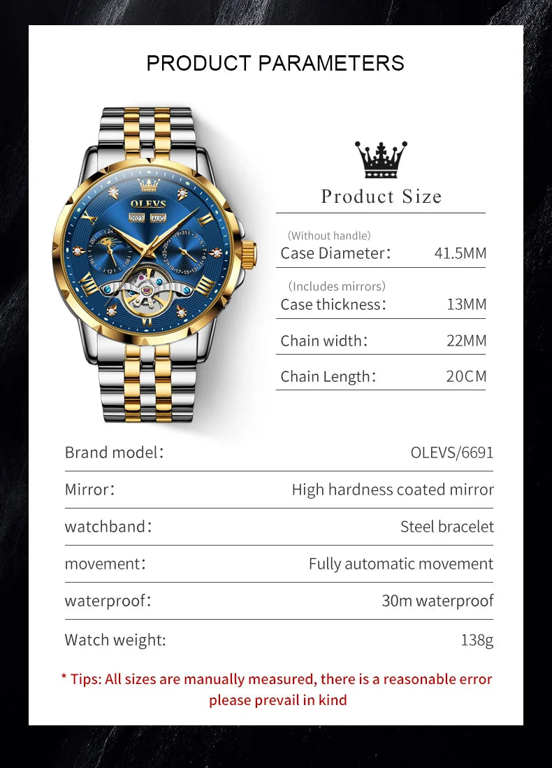 OLEVS Skeleton Multifunctional   Automatic Mechanical  Wrist  For Men    Strap 6691