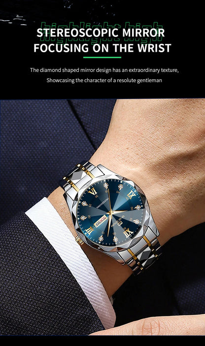 Men  Water Diamond  Night Glow Double Calendar Quartz Movement 41mm Blue Gold