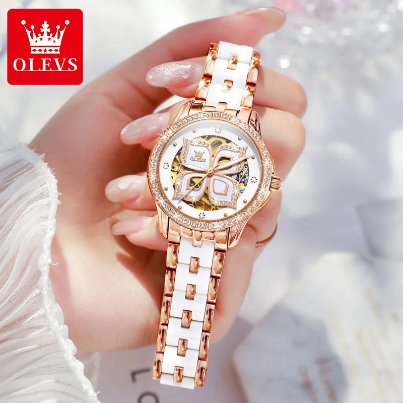 OLEVS 6612 Hollow Original  Mechanical  For Women   Ceramic  Strap Hand  Automatic