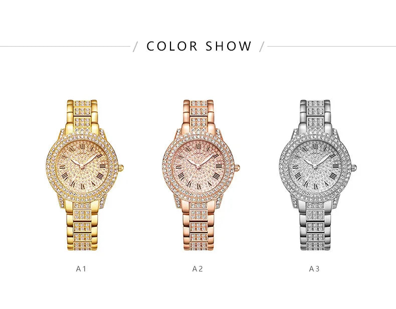 Women Wristwatches Relojes Para Mujer  Classic Golden  Women Alloy Strap Round Rhinestone Dail Quartz Watches