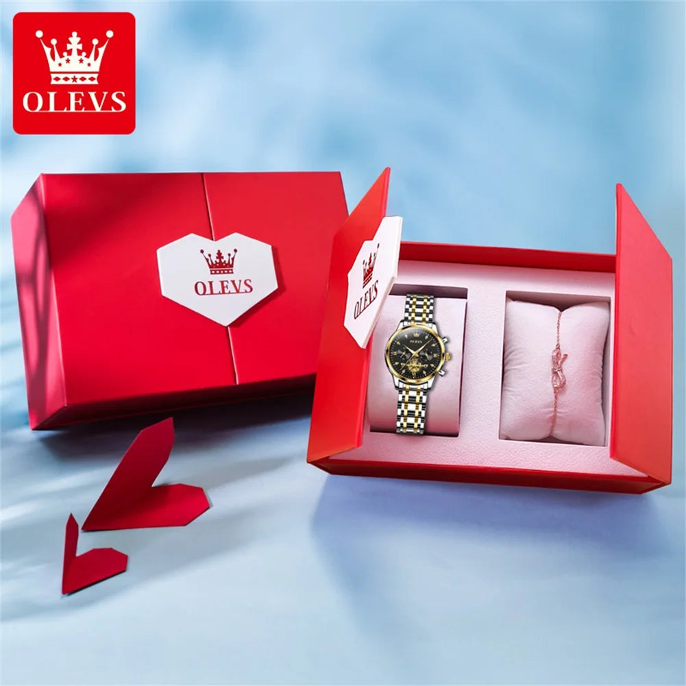OLEVS Flywheel Skeleton Women Quartz   steel    Ladies Bracelet  for Women Set