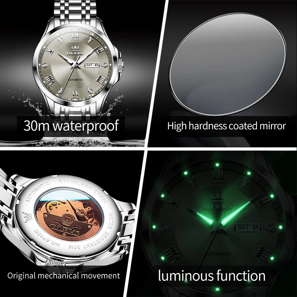 OLEVS Mens Watches  Automatic Mechanical  For Man    Stee  Bands Roman Numeral 6702