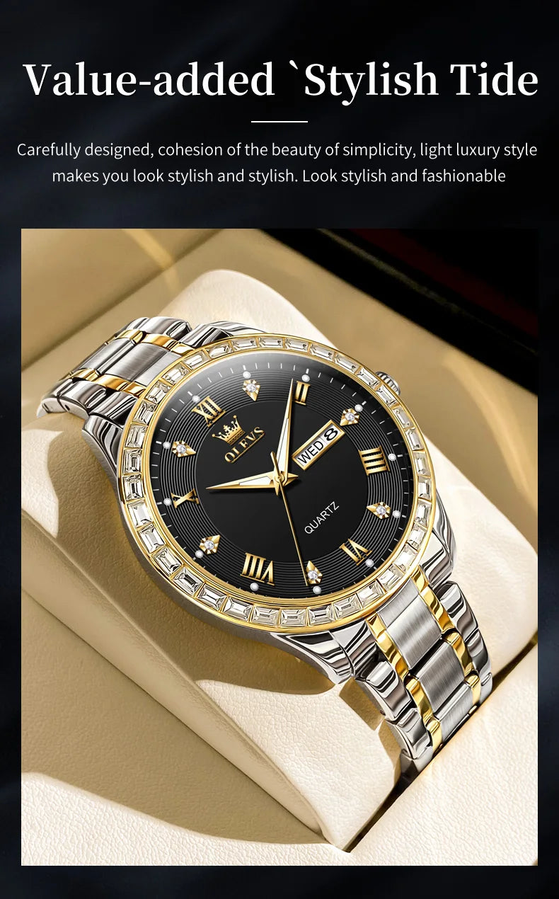 OLEVS  Mens  Simple     Quartz  for Man Diamond Roman Dial  Dual Calendar