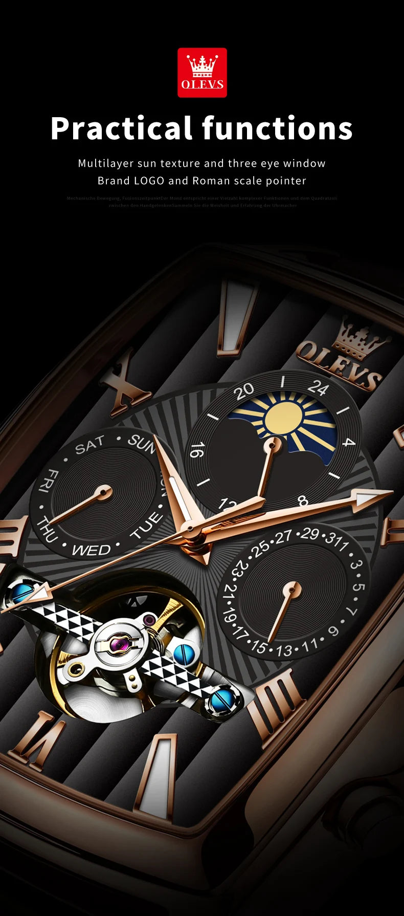 OLEVS Mens Watches Automatic Mechanical  Tourbillon Sport  Leather Casual  Retro Wristwatch Relojes Hombre