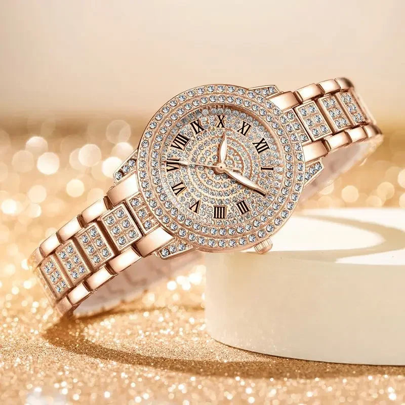 Women Wristwatches Relojes Para Mujer  Classic Golden  Women Alloy Strap Round Rhinestone Dail Quartz Watches