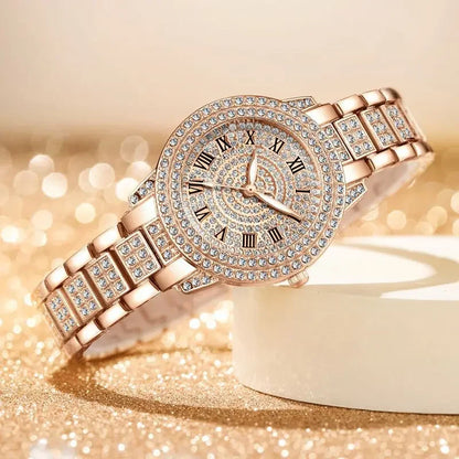 Women Wristwatches Relojes Para Mujer  Classic Golden  Women Alloy Strap Round Rhinestone Dail Quartz Watches
