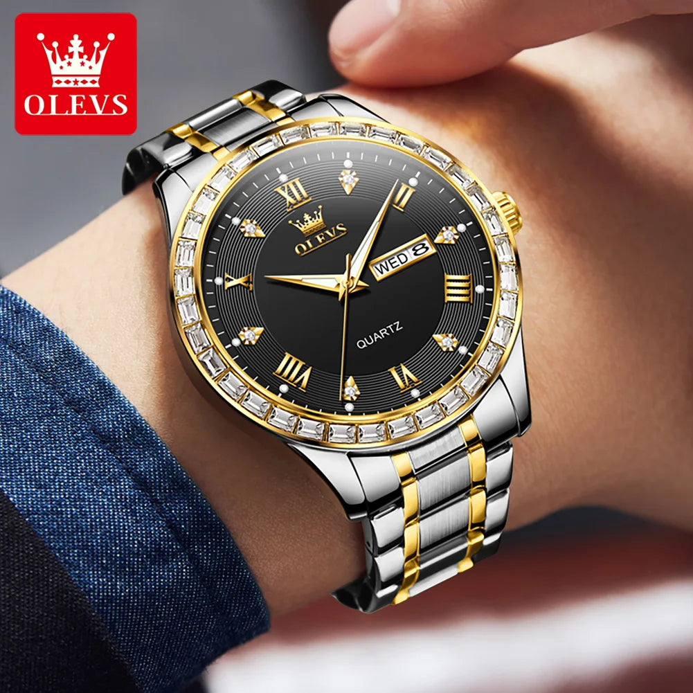 OLEVS  Mens  Simple     Quartz  for Man Diamond Roman Dial  Dual Calendar