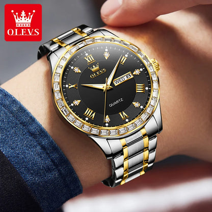 OLEVS  Mens  Simple     Quartz  for Man Diamond Roman Dial  Dual Calendar