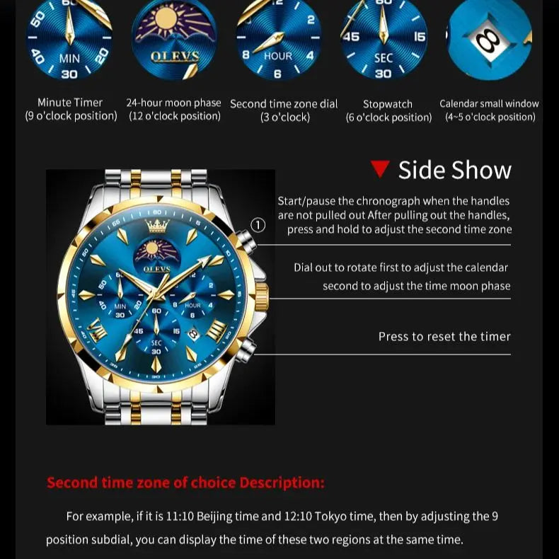 OLEVS 3653 Men   Brand Quartz  Multi functional Automatic  Timer    Moonphase