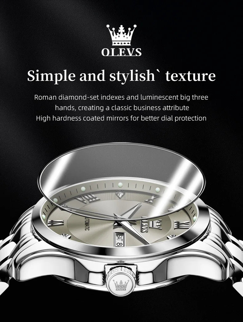 OLEVS Mens Watches  Automatic Mechanical  For Man    Stee  Bands Roman Numeral 6702