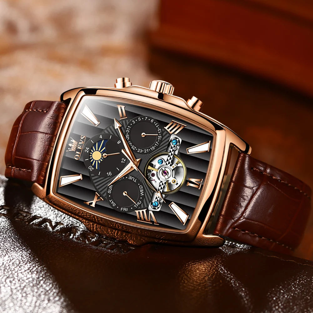 OLEVS Mens Watches Automatic Mechanical  Tourbillon Sport  Leather Casual  Retro Wristwatch Relojes Hombre