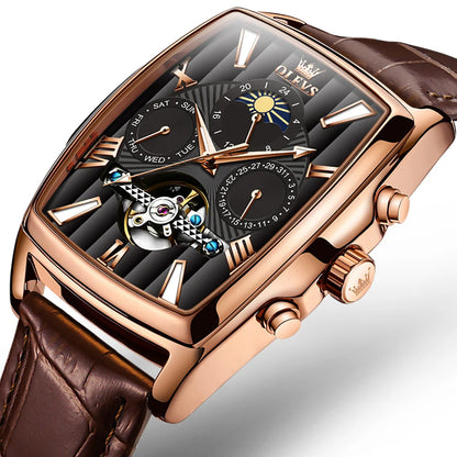 OLEVS Mens Watches Automatic Mechanical  Tourbillon Sport  Leather Casual  Retro Wristwatch Relojes Hombre